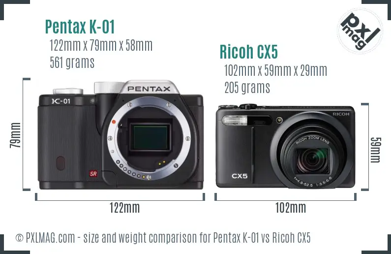 Pentax K-01 vs Ricoh CX5 size comparison