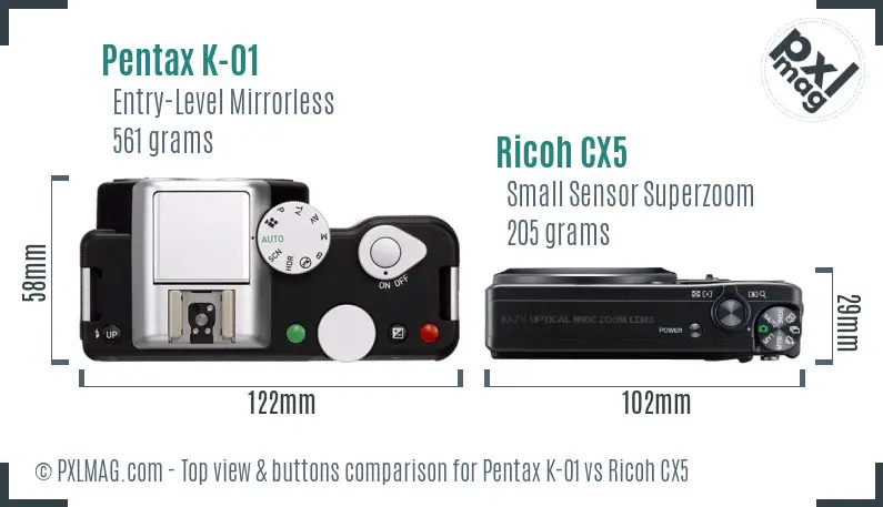 Pentax K-01 vs Ricoh CX5 top view buttons comparison