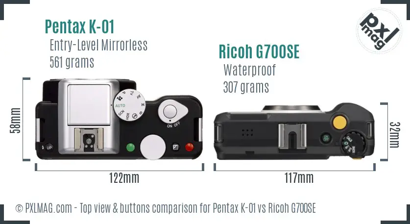 Pentax K-01 vs Ricoh G700SE top view buttons comparison