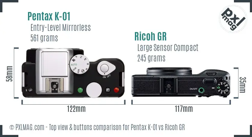 Pentax K-01 vs Ricoh GR top view buttons comparison