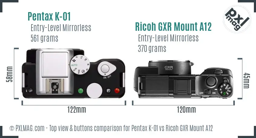 Pentax K-01 vs Ricoh GXR Mount A12 top view buttons comparison