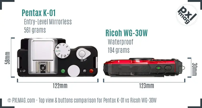 Pentax K-01 vs Ricoh WG-30W top view buttons comparison Pentax K-01 vs Ricoh WG-30W top view buttons comparison