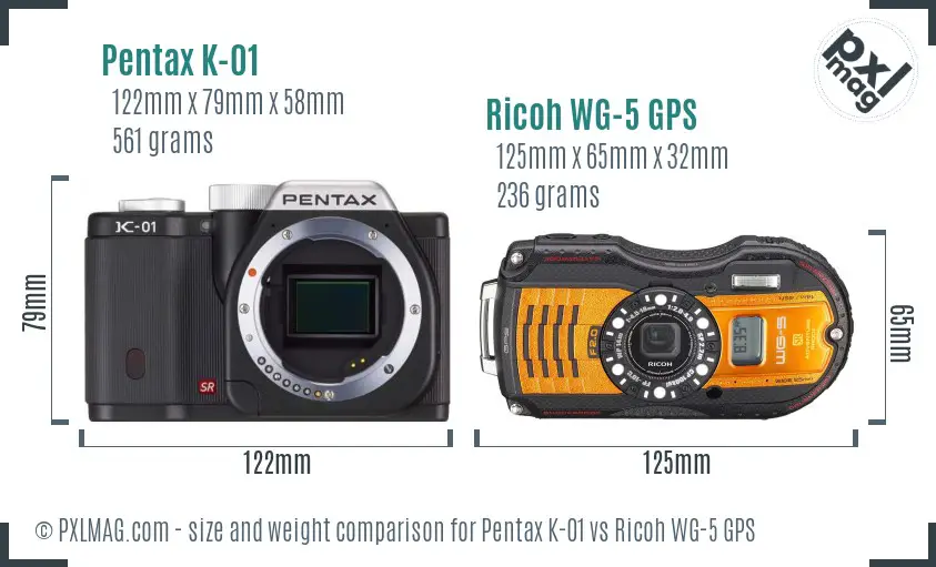 Pentax K-01 vs Ricoh WG-5 GPS size comparison Pentax K-01 vs Ricoh WG-5 GPS size comparison