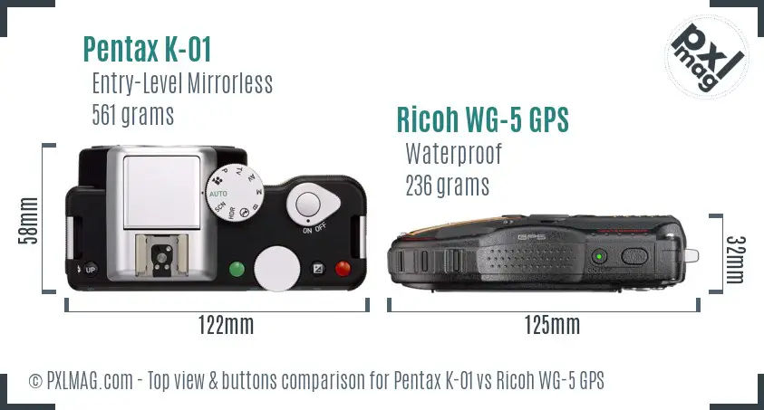 Pentax K-01 vs Ricoh WG-5 GPS top view buttons comparison Pentax K-01 vs Ricoh WG-5 GPS top view buttons comparison