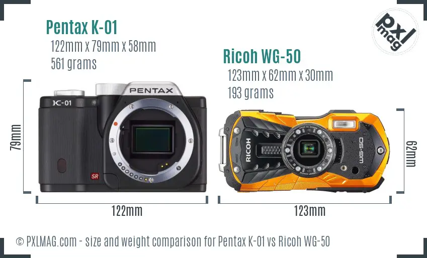 Pentax K-01 vs Ricoh WG-50 size comparison