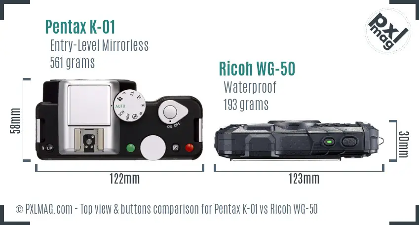 Pentax K-01 vs Ricoh WG-50 top view buttons comparison
