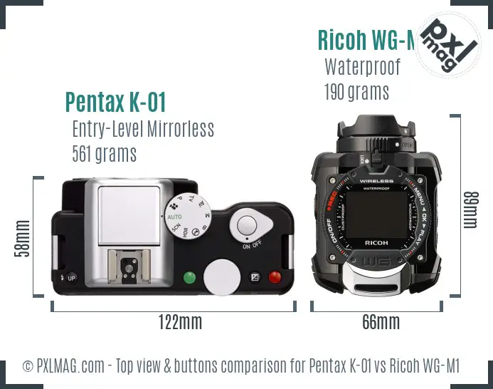 Pentax K-01 vs Ricoh WG-M1 top view buttons comparison Pentax K-01 vs Ricoh WG-M1 top view buttons comparison