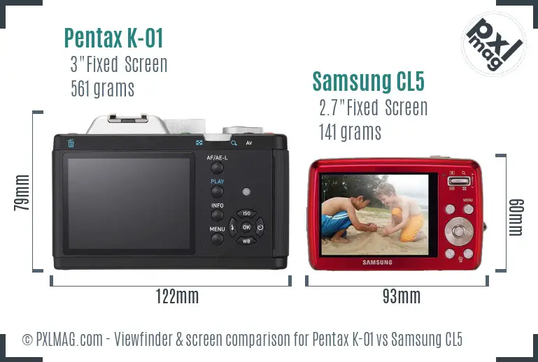 Pentax K-01 vs Samsung CL5 Screen and Viewfinder comparison