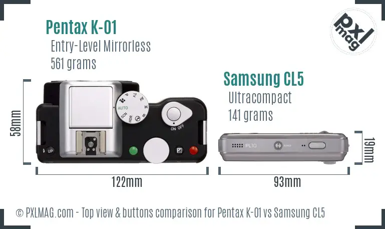 Pentax K-01 vs Samsung CL5 top view buttons comparison