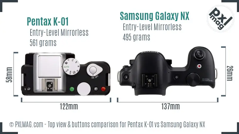 Pentax K-01 vs Samsung Galaxy NX top view buttons comparison