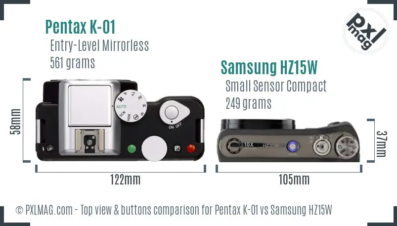 Pentax K-01 vs Samsung HZ15W top view buttons comparison