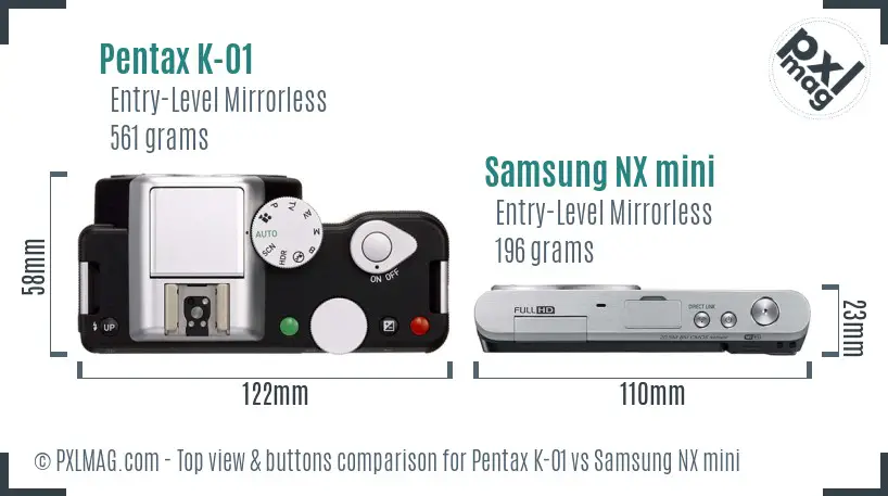 Pentax K-01 vs Samsung NX mini top view buttons comparison