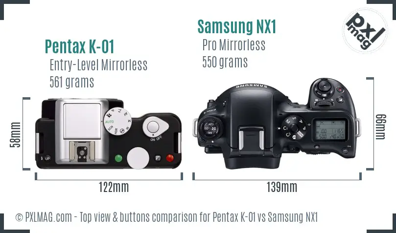 Pentax K-01 vs Samsung NX1 top view buttons comparison