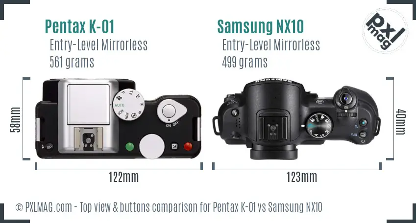 Pentax K-01 vs Samsung NX10 top view buttons comparison