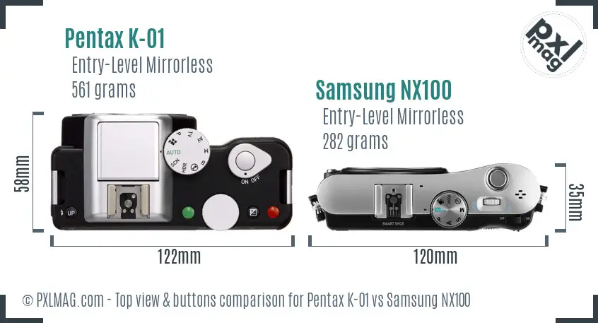 Pentax K-01 vs Samsung NX100 top view buttons comparison
