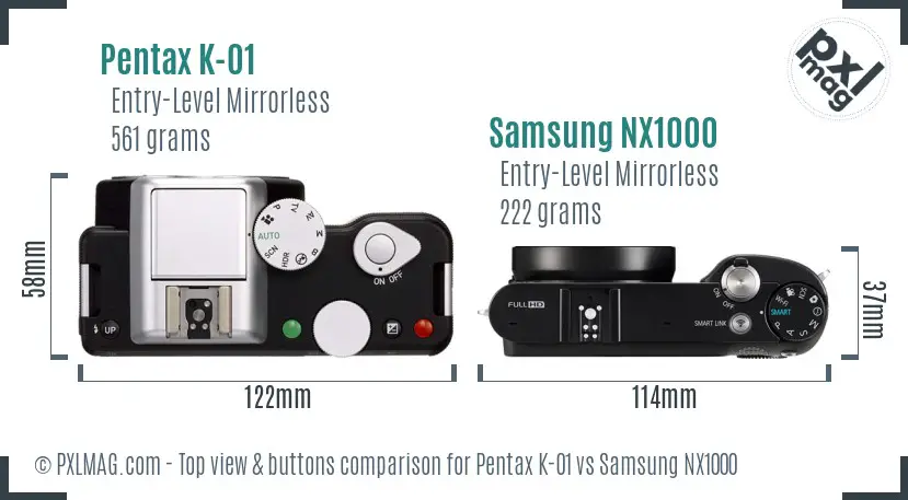 Pentax K-01 vs Samsung NX1000 top view buttons comparison