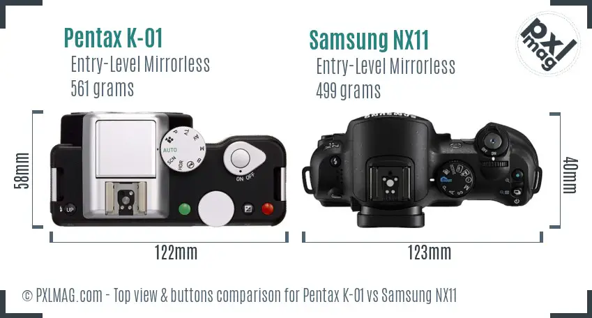 Pentax K-01 vs Samsung NX11 top view buttons comparison