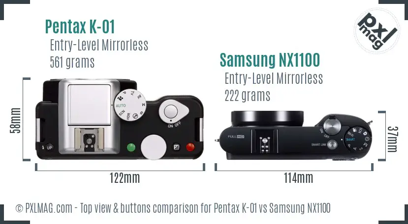 Pentax K-01 vs Samsung NX1100 top view buttons comparison