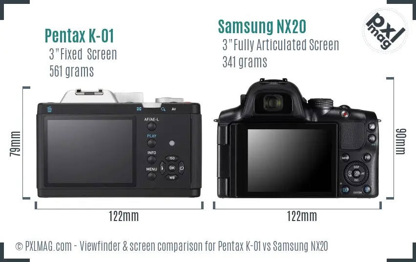 Pentax K-01 vs Samsung NX20 Screen and Viewfinder comparison