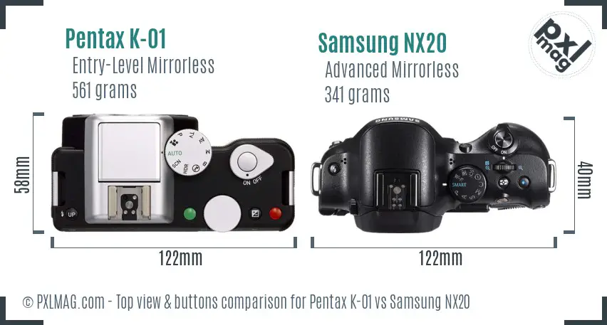 Pentax K-01 vs Samsung NX20 top view buttons comparison