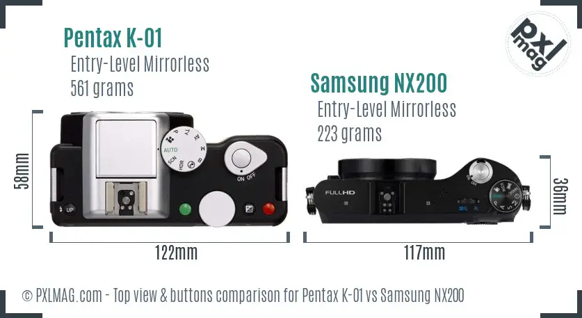 Pentax K-01 vs Samsung NX200 top view buttons comparison