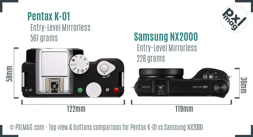 Pentax K-01 vs Samsung NX2000 top view buttons comparison