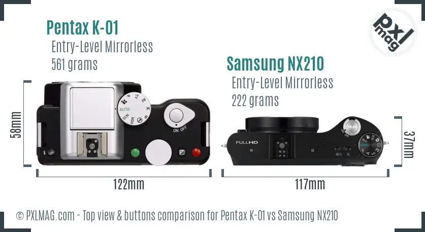 Pentax K-01 vs Samsung NX210 top view buttons comparison
