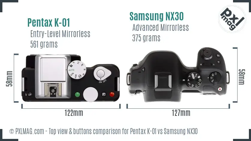 Pentax K-01 vs Samsung NX30 top view buttons comparison
