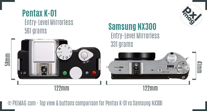 Pentax K-01 vs Samsung NX300 top view buttons comparison