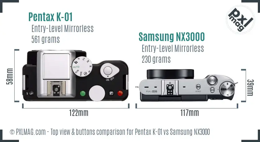 Pentax K-01 vs Samsung NX3000 top view buttons comparison