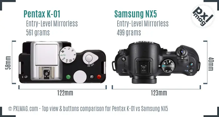 Pentax K-01 vs Samsung NX5 top view buttons comparison