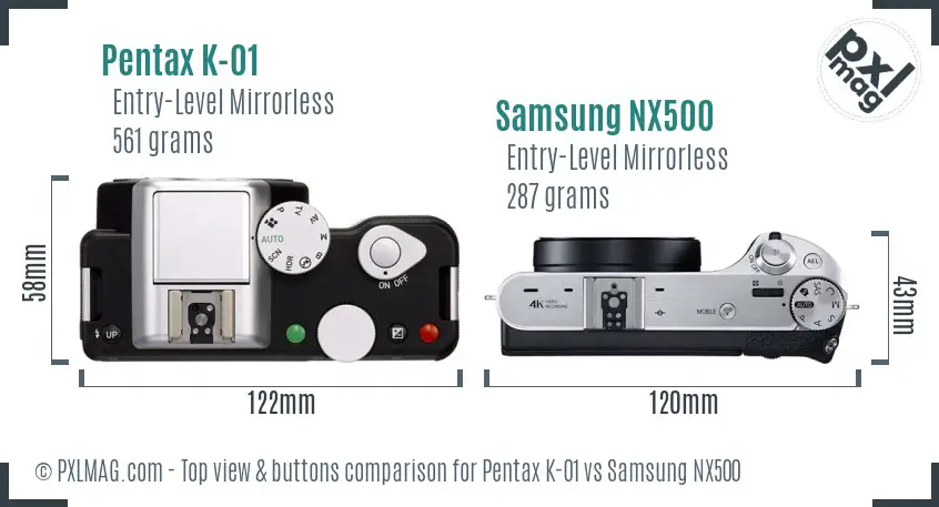 Pentax K-01 vs Samsung NX500 top view buttons comparison