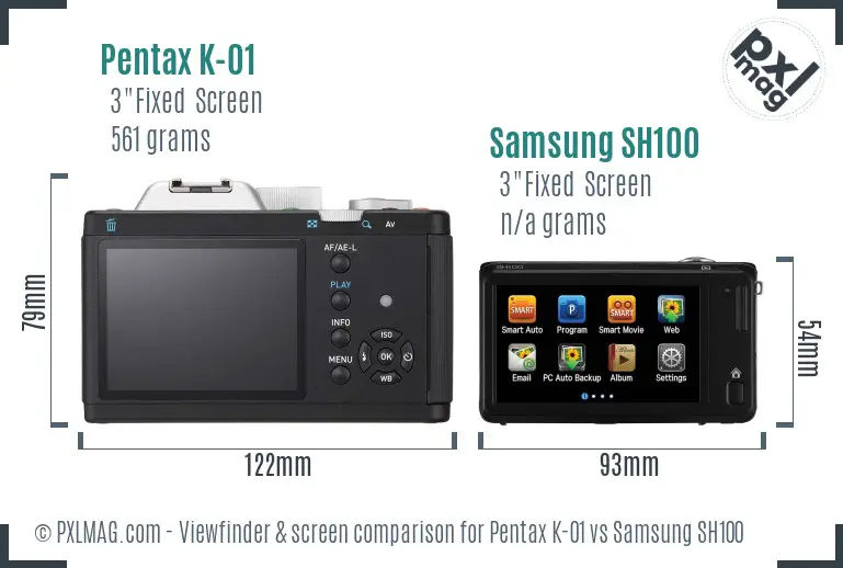 Pentax K-01 vs Samsung SH100 Screen and Viewfinder comparison