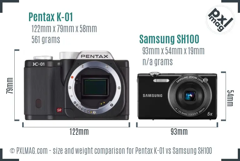 Pentax K-01 vs Samsung SH100 size comparison