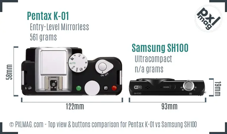 Pentax K-01 vs Samsung SH100 top view buttons comparison