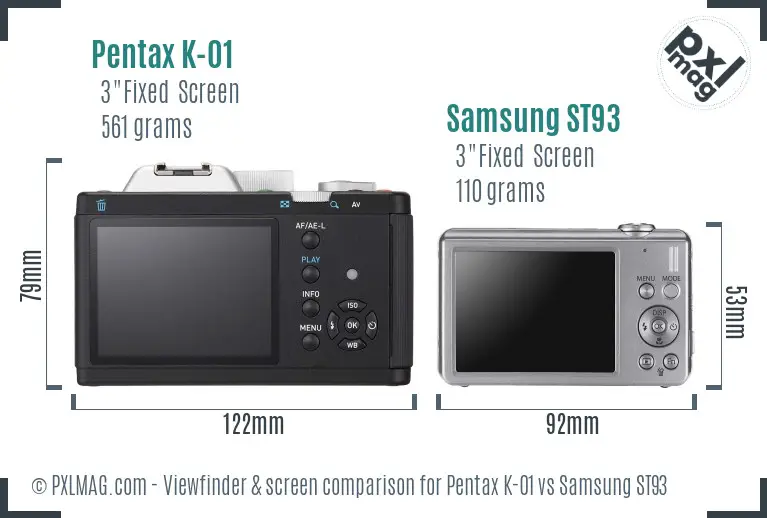 Pentax K-01 vs Samsung ST93 Screen and Viewfinder comparison