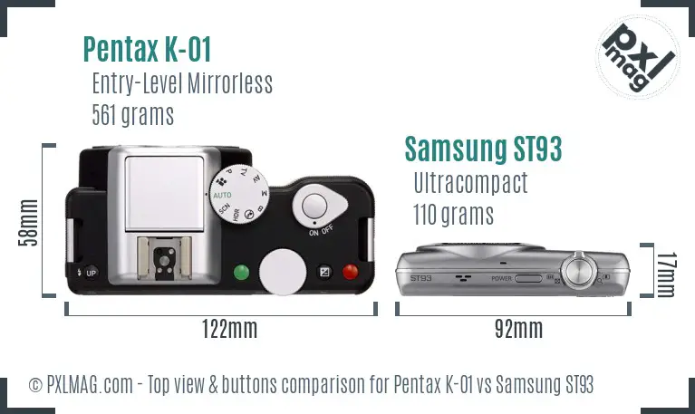 Pentax K-01 vs Samsung ST93 top view buttons comparison
