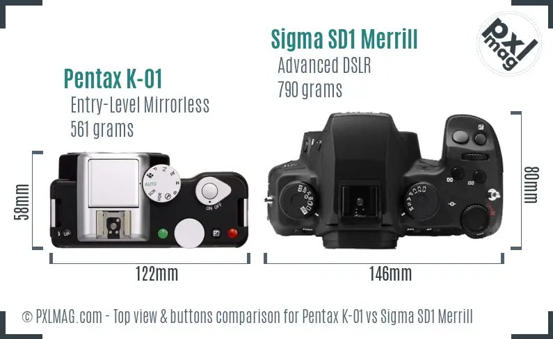 Pentax K-01 vs Sigma SD1 Merrill top view buttons comparison Pentax K-01 vs Sigma SD1 Merrill top view buttons comparison