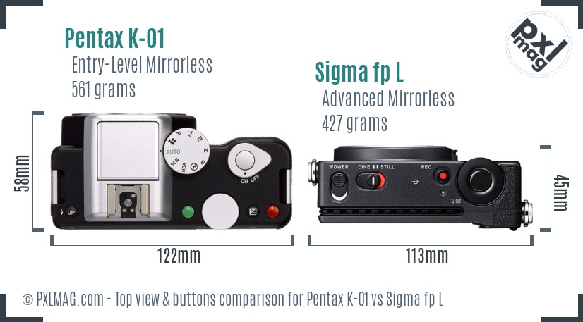 Pentax K-01 vs Sigma fp L top view buttons comparison