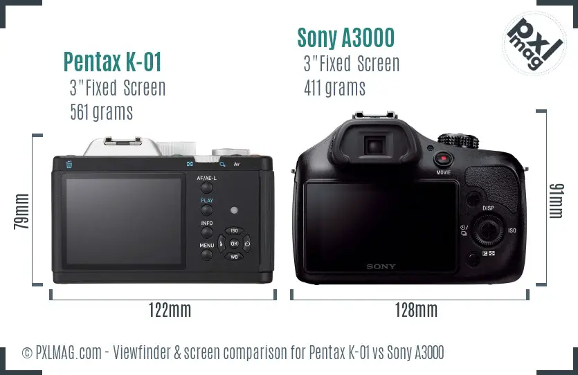 Pentax K-01 vs Sony A3000 Screen and Viewfinder comparison