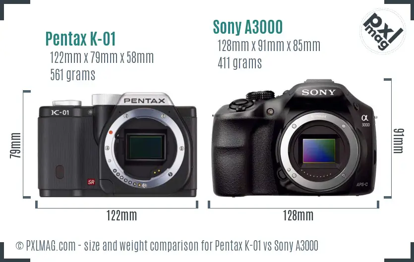 Pentax K-01 vs Sony A3000 size comparison