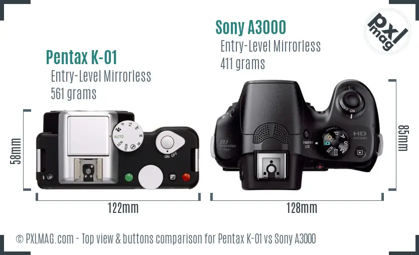 Pentax K-01 vs Sony A3000 top view buttons comparison