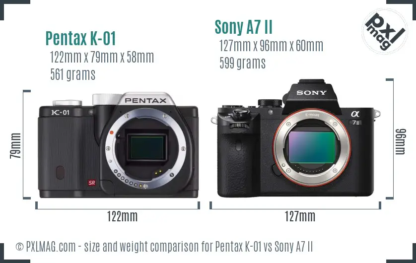 Pentax K-01 vs Sony A7 II size comparison