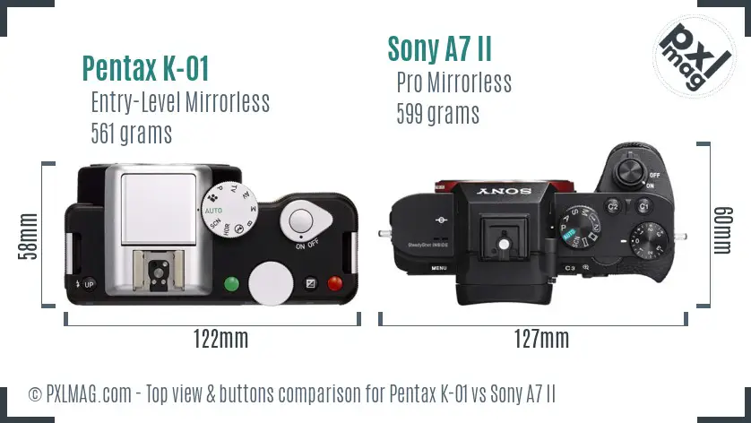 Pentax K-01 vs Sony A7 II top view buttons comparison