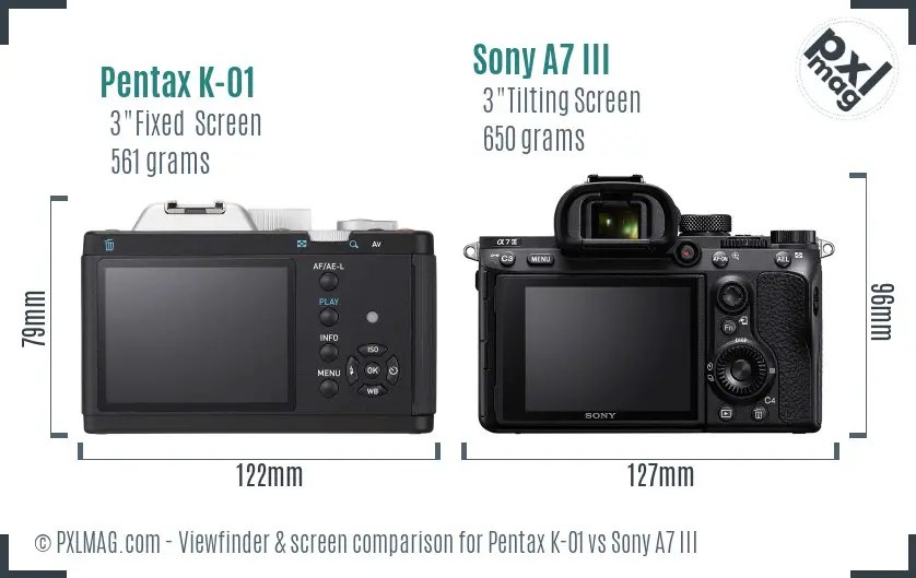 Pentax K-01 vs Sony A7 III Screen and Viewfinder comparison Pentax K-01 vs Sony A7 III Screen and Viewfinder comparison