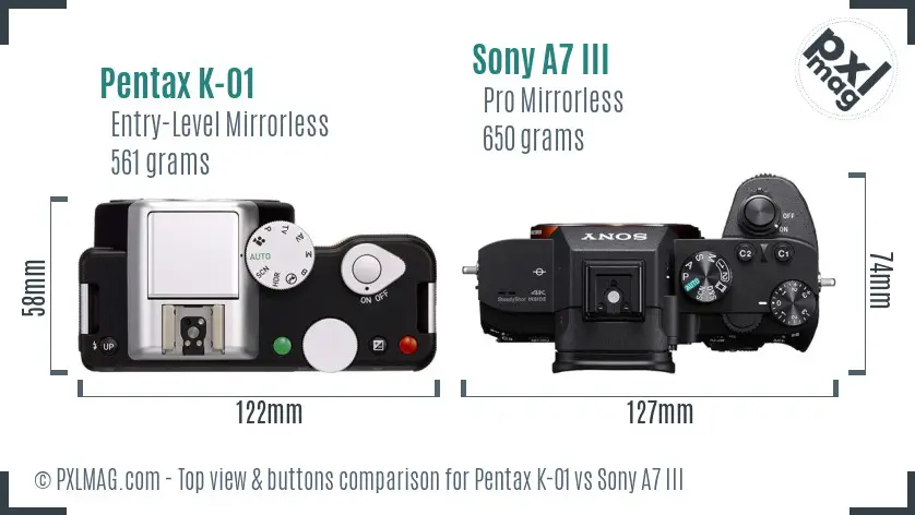 Pentax K-01 vs Sony A7 III top view buttons comparison Pentax K-01 vs Sony A7 III top view buttons comparison