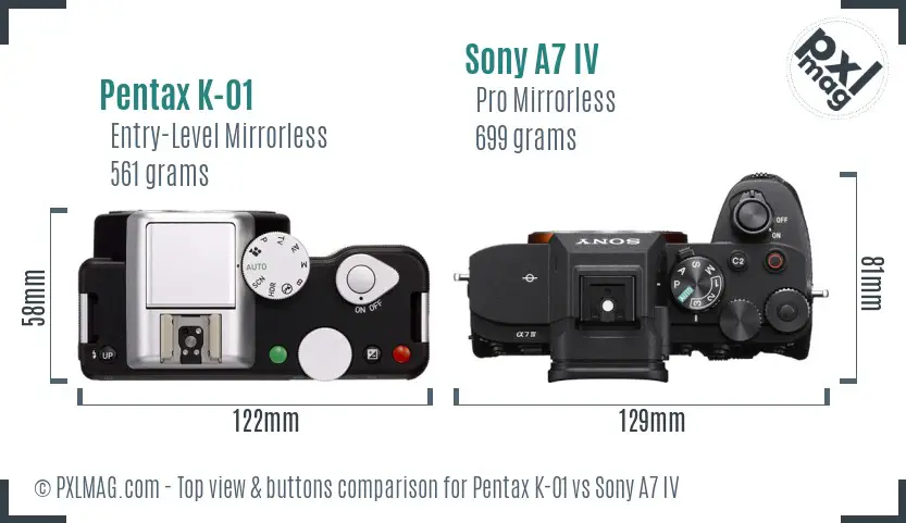 Pentax K-01 vs Sony A7 IV top view buttons comparison