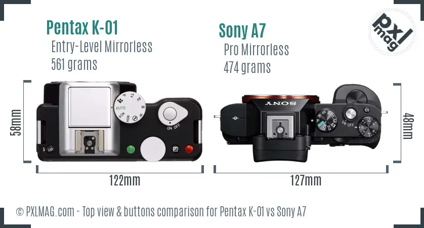 Pentax K-01 vs Sony A7 top view buttons comparison