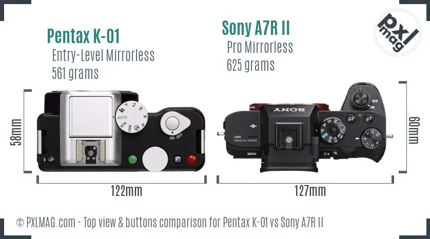 Pentax K-01 vs Sony A7R II top view buttons comparison