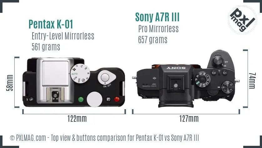 Pentax K-01 vs Sony A7R III top view buttons comparison
